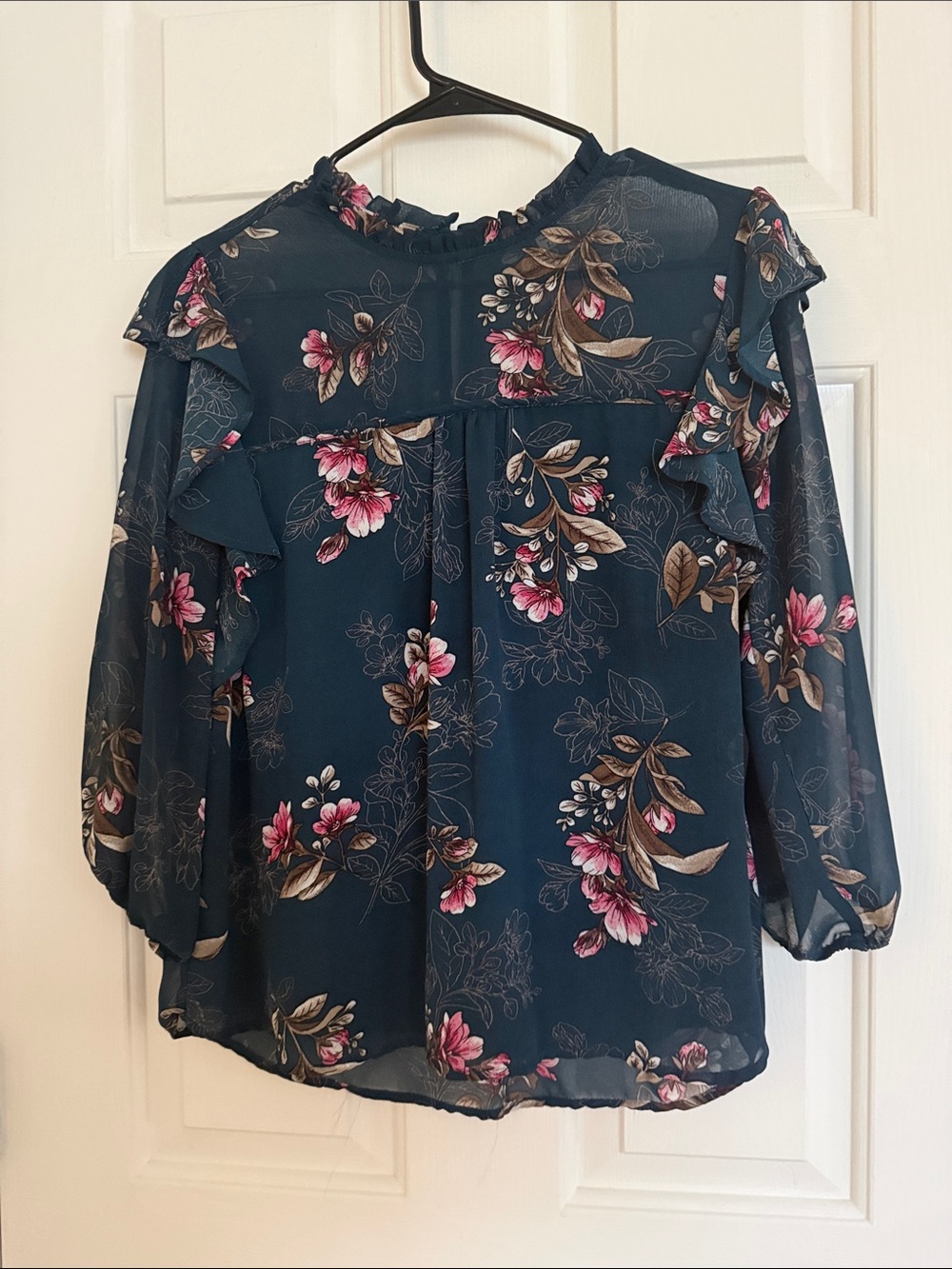 Monteau Teal Floral Ruffle Neck Blouse with Pink Blooms